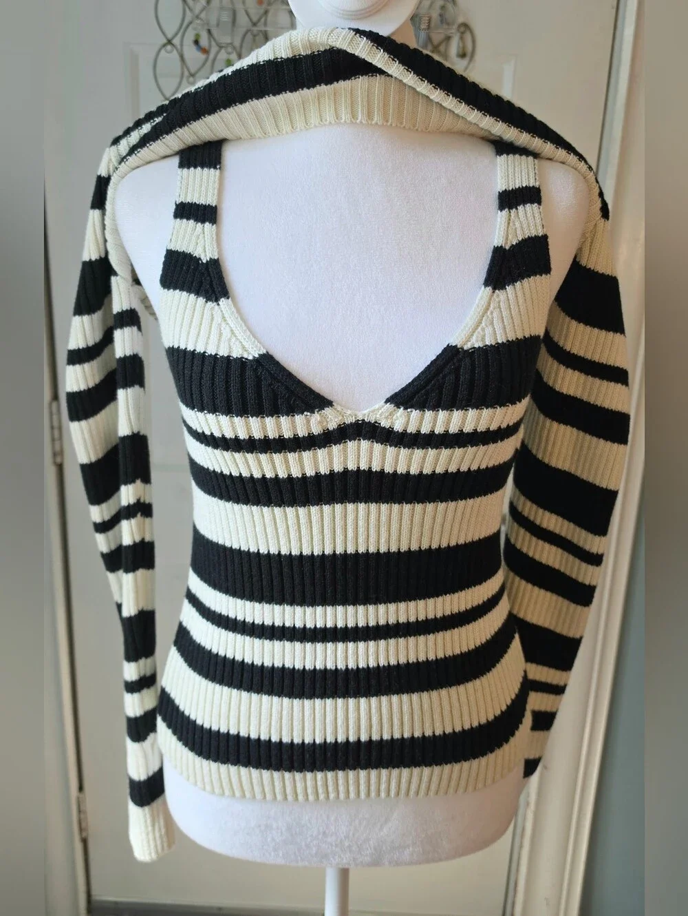 Maeve X Anthro Striped Sweater Shrug Set Womens M Black Cream Ribbed Cotton Blen